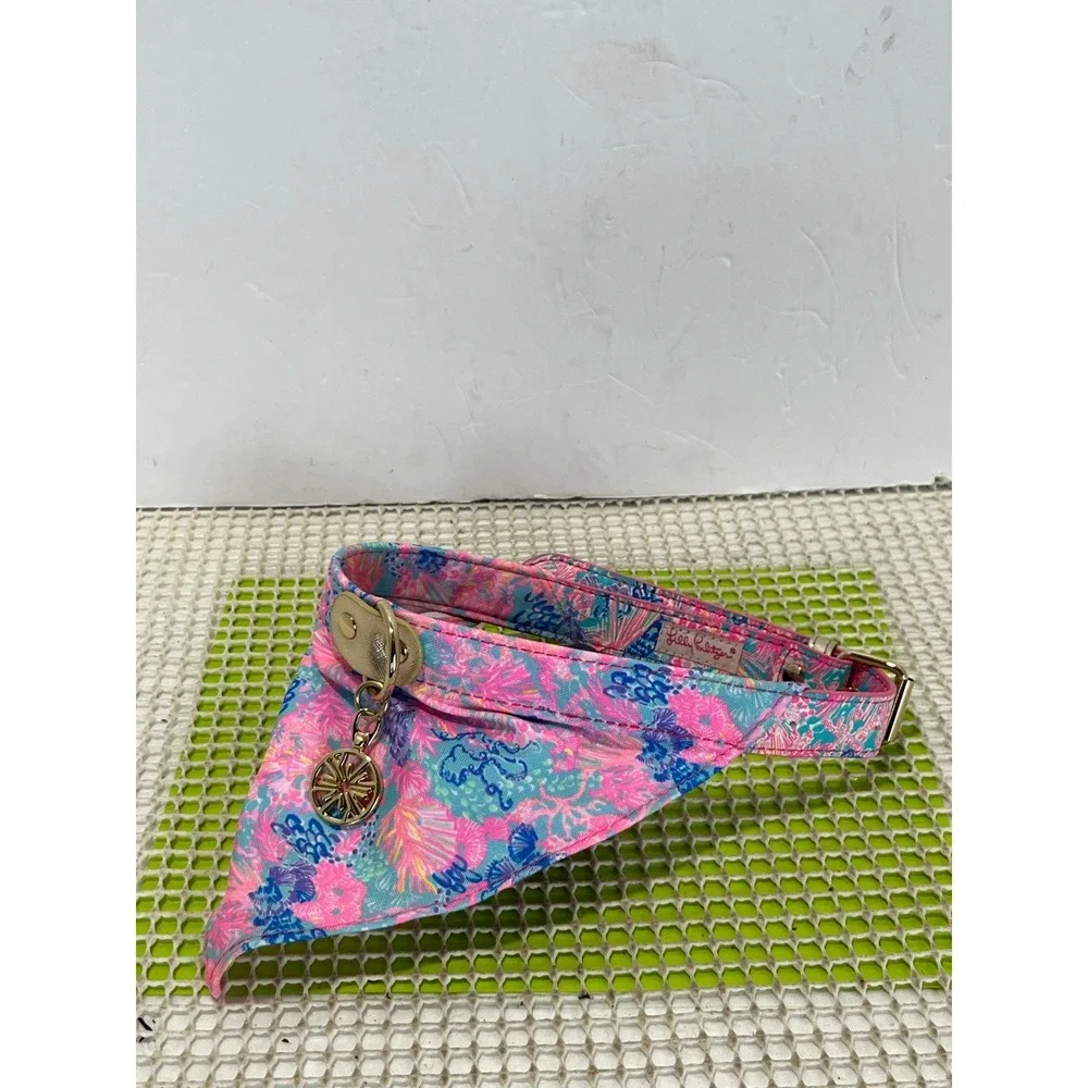 Lilly Pulitzer Dog Collar Pink‎ Blue Floral Shell Print Gold Buckle 24.5in